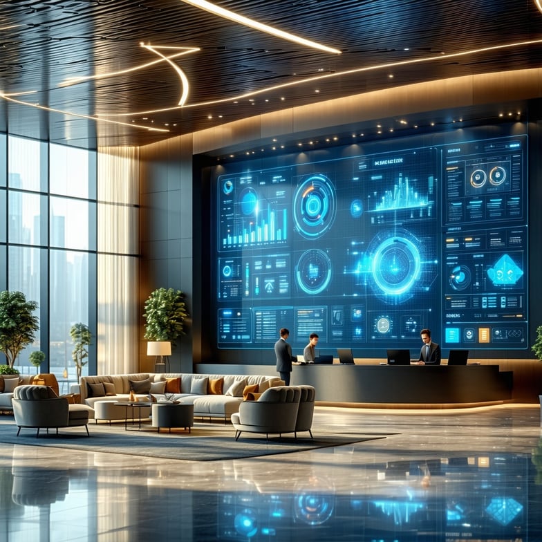 The image depicts a modern hotel lobby featuring sleek contemporary design elements Large glass windows allow natural light to flood the space illuminating a stylish reception area with a minimalist front desk Comfortable seating arrangements with pl