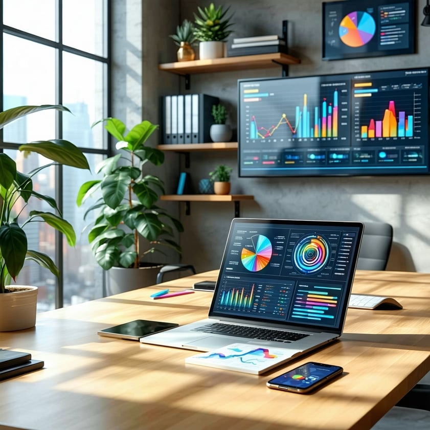 The image depicts a modern workspace with a sleek minimalist design A large desk made of light wood holds a highend laptop a smartphone and a notepad filled with colorful charts and graphs A potted plant adds a touch of greenery to the space In the b-1