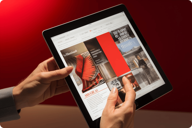 Casual Tablet Reader Engaging Digital Magazine with Vivid Red Design 1