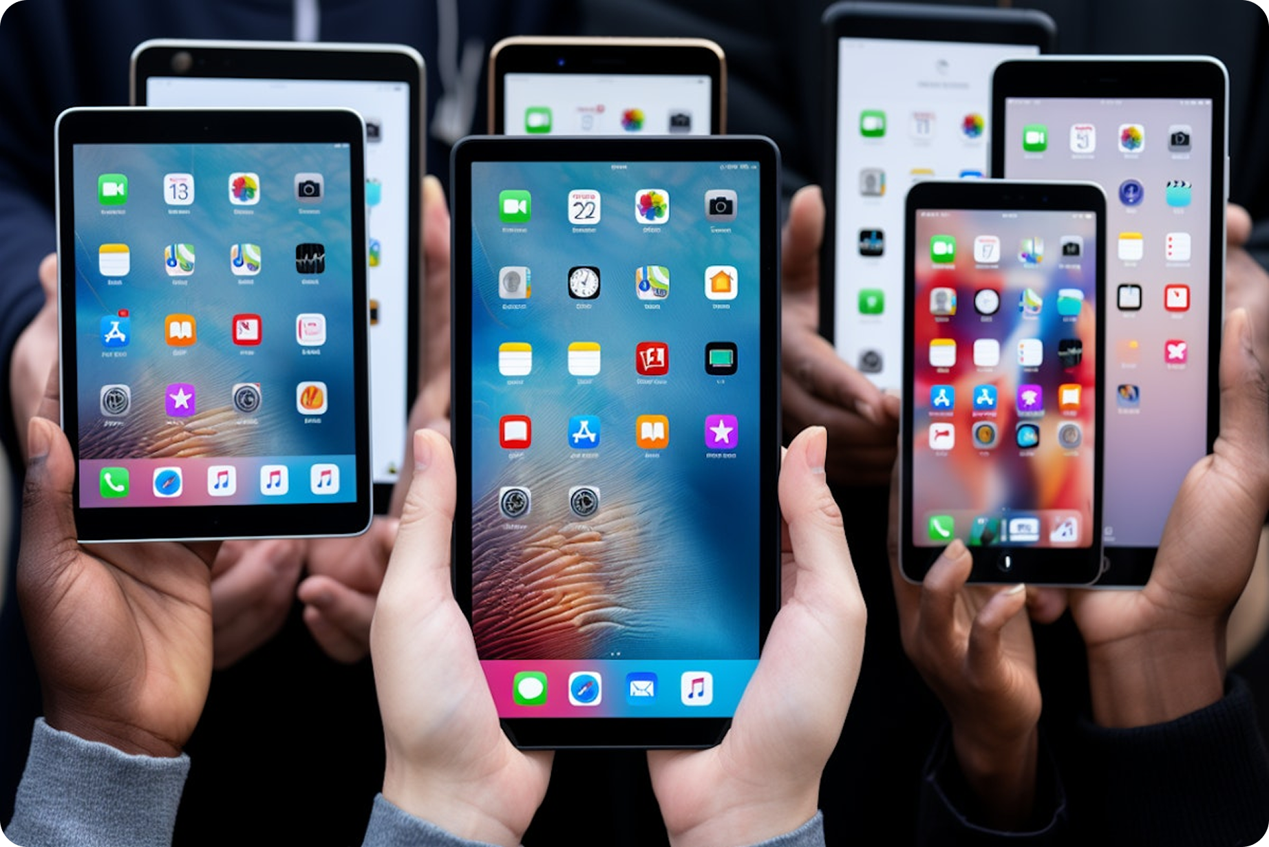 Diverse Hands Showcasing HD Technology Display 1