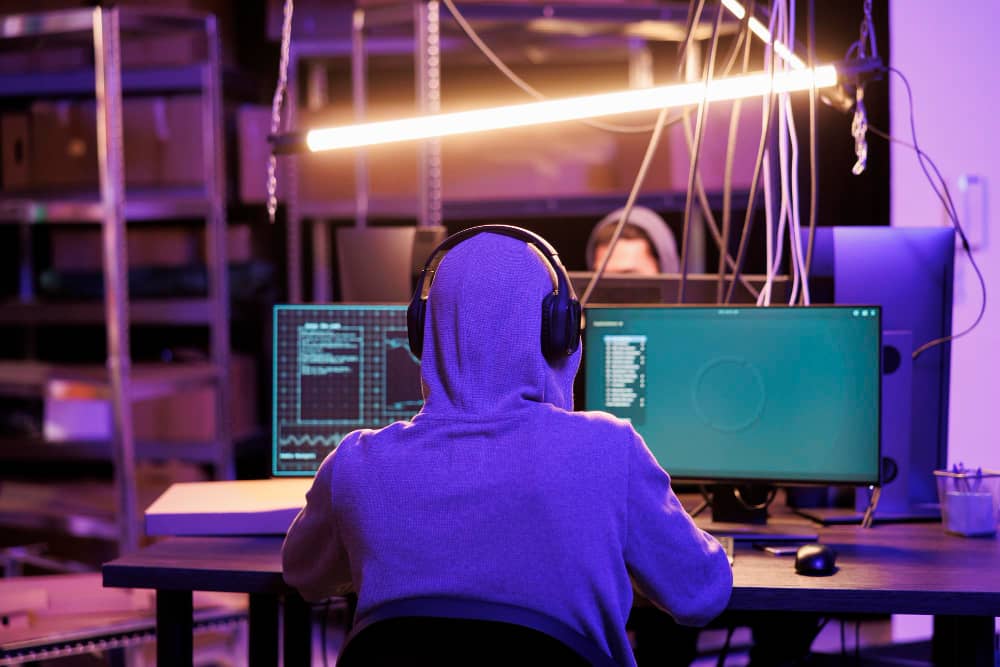 Un hacker trabajando de espalda en el PC