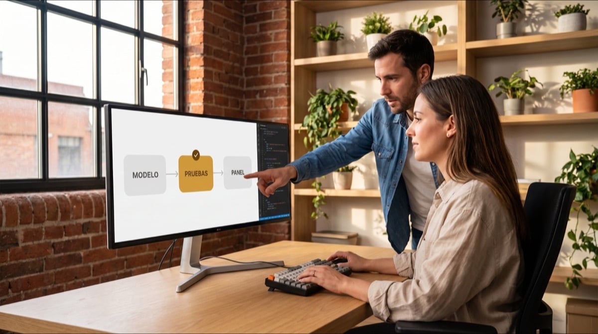 Dos profesionales en una oficina de ladrillo visto, con ventana industrial y estantes de plantas, miran juntos un monitor panoramico; el, de pie con camisa vaquera, señala la pantalla, y ella teclea sentada con camisa beige. En el monitor, tres bloques encadenados por flechas y rotulados MODELO, PRUEBAS y PANEL, con el del centro en ambar y una marca de verificacion, junto a una franja de editor de codigo.
