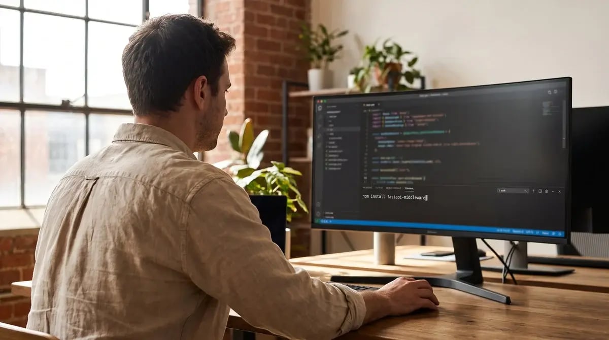 Desarrollador de espaldas frente a un monitor con un editor de código, en cuyo terminal se lee el comando npm install fastapi-middleware, en una oficina con luz natural