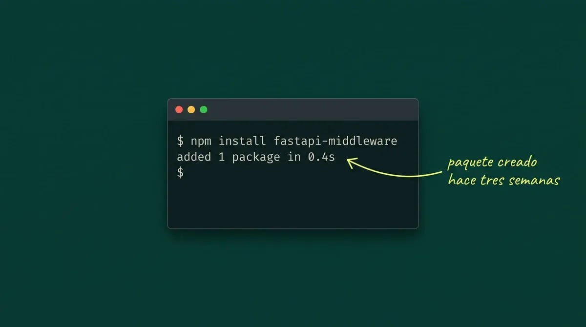 Terminal con el comando npm install fastapi-middleware y la respuesta added 1 package, junto a una anotación con flecha que señala que ese paquete se creó hace tres semanas