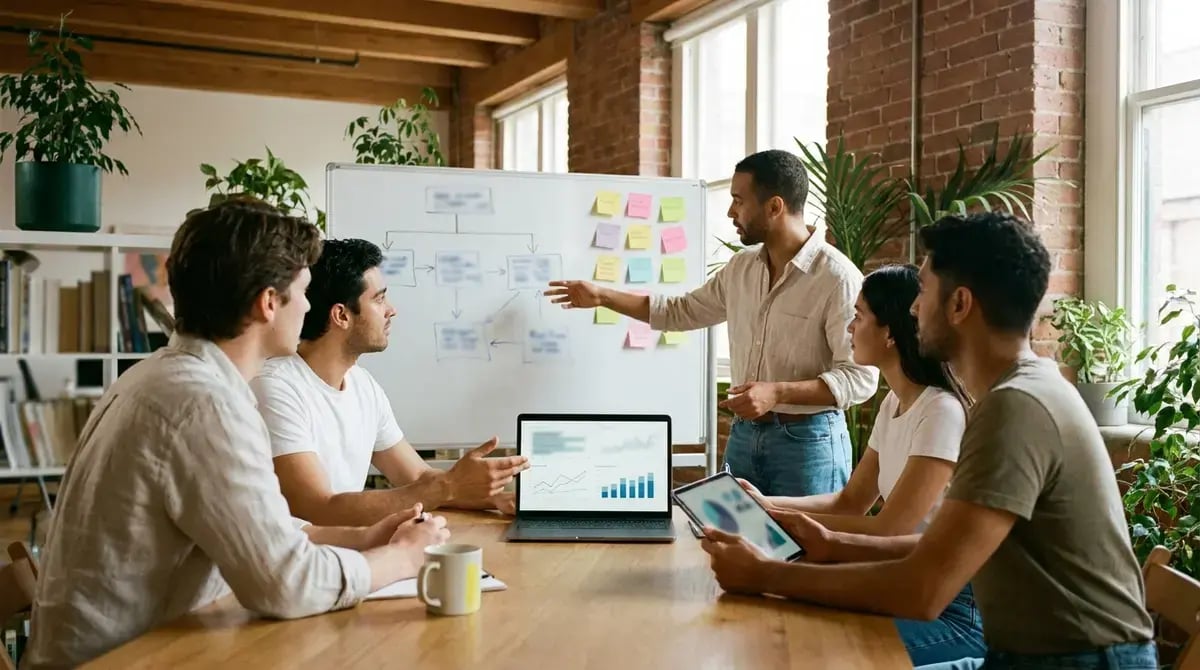 Consultores revisan la arquitectura de integración de SAP BTP en una pizarra de oficina