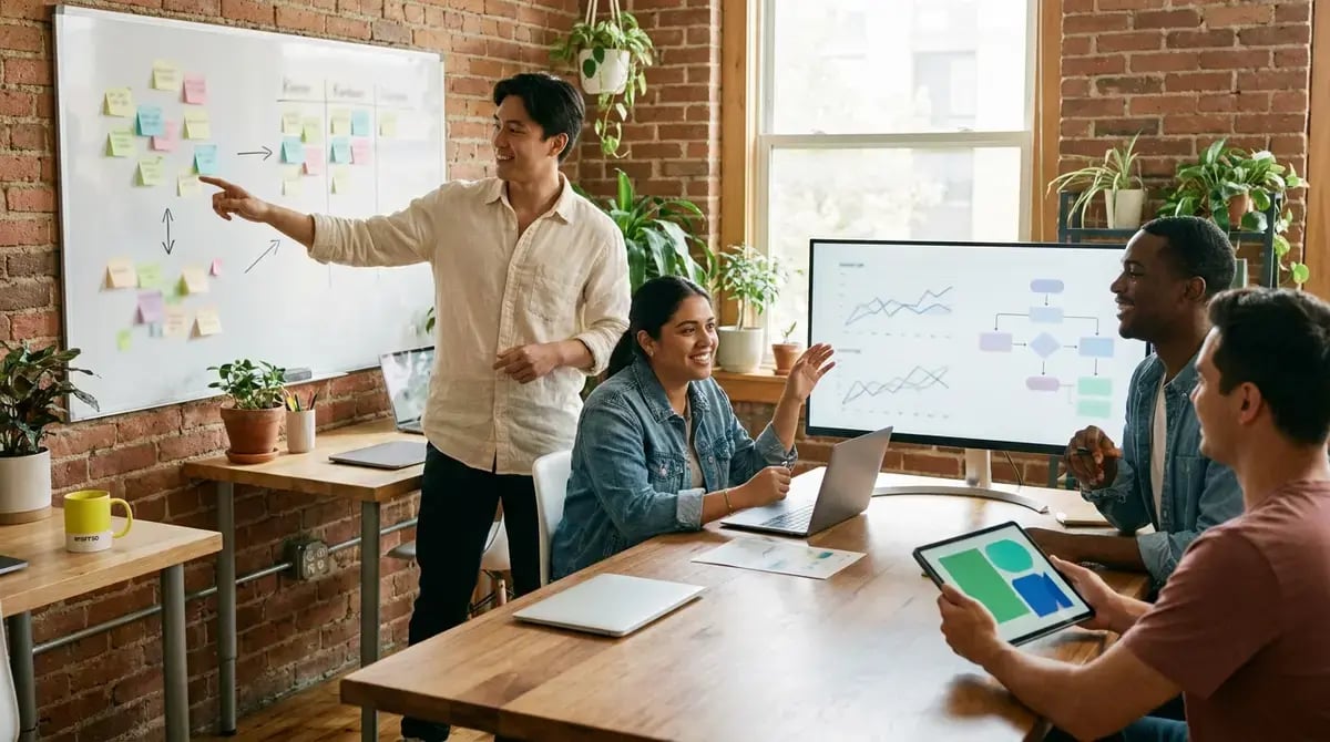 Un profesional de staff augmentation se integra en un equipo de oficina frente a pantallas