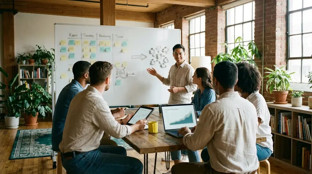 Equipo de data engineering revisa un diagrama de arquitectura de datos en una pizarra de oficina