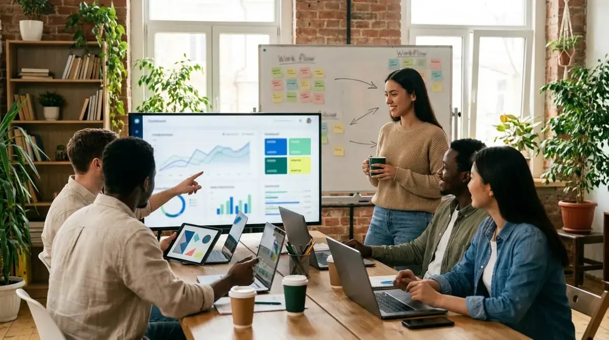 Analista de datos y data engineer revisan un dashboard de business intelligence en una reunión