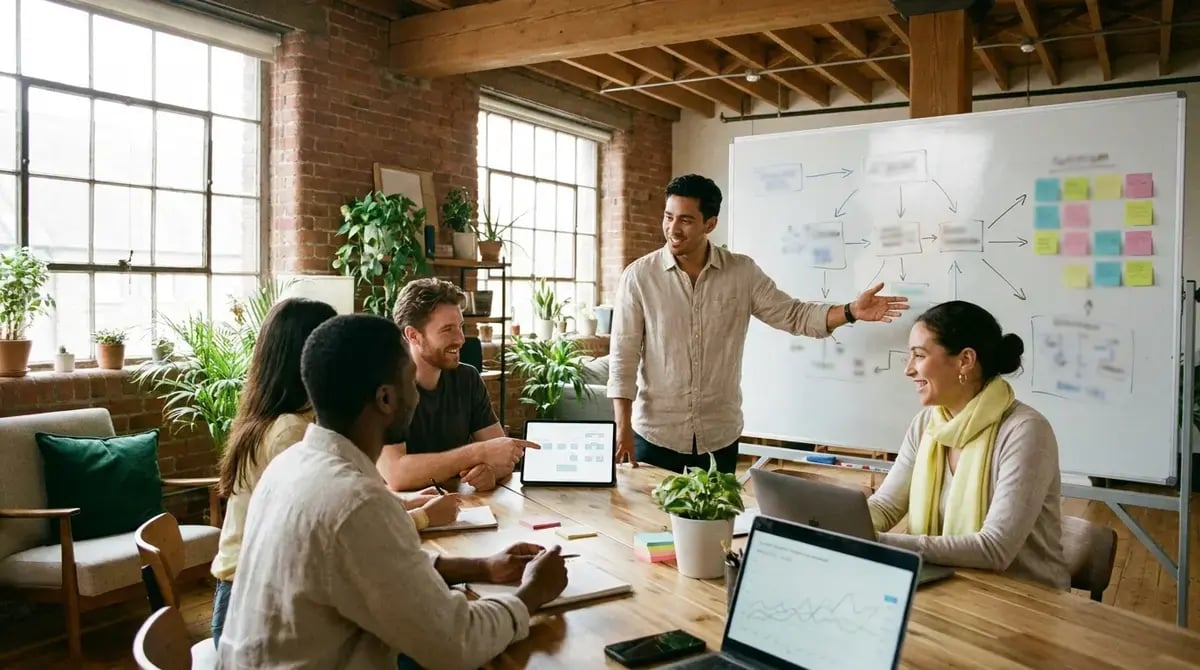 Project manager señala un cronograma en una pizarra mientras el equipo revisa tareas en pantalla