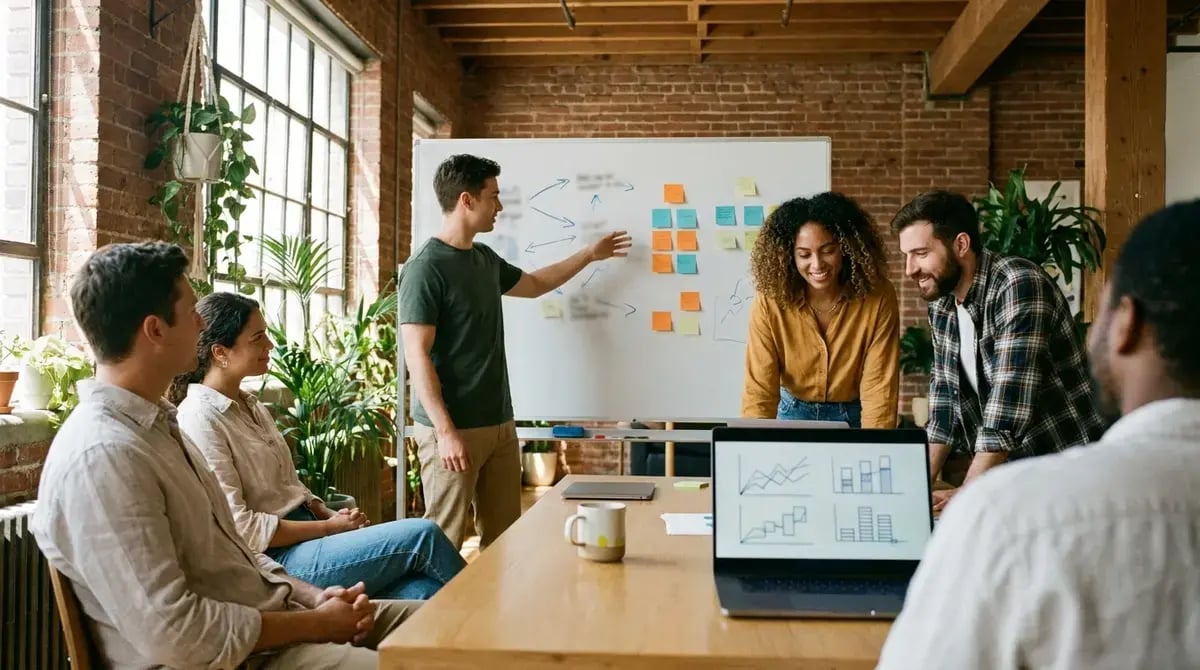 Un desarrollador HubSpot escribe código de integración API frente a pantallas con paneles de configuración difuminados
