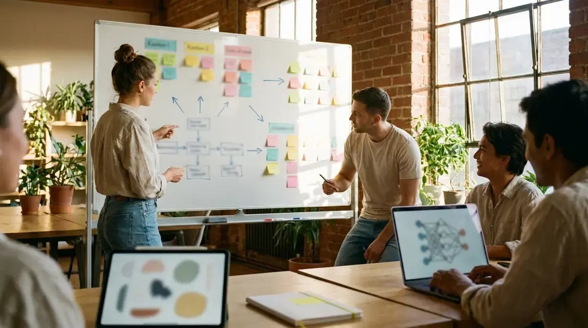 Equipo de desarrollo y operaciones revisa un pipeline de CI/CD DevOps en una pizarra de oficina