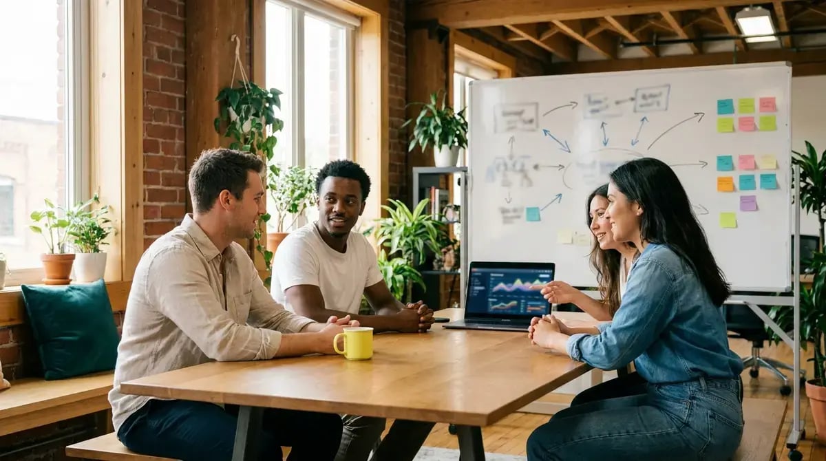 Développeuse freelance comparant micro-entreprise, EURL, SASU et portage salarial sur un carnet dans un espace de coworking lumineux