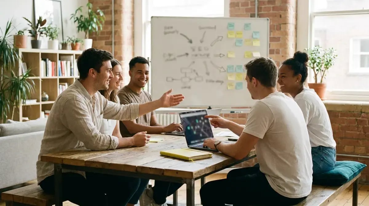 Une responsable sécurité passe en revue avec une directrice la cartographie des risques de l'entreprise sur un tableau de verre, ordinateur portable ouvert sur un référentiel de contrôles, bureau en brique à lumière naturelle chaude