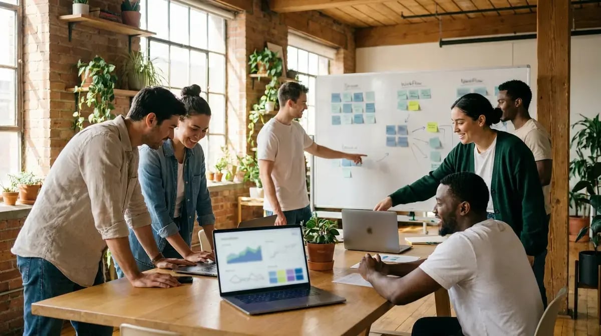 A senior software architect reviews an AI service agent's escalation flow on a glass whiteboard with a colleague, laptop open on a CRM, brick office in warm natural light