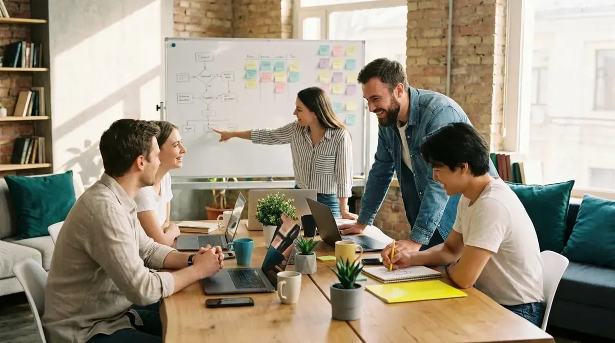 Un equipo técnico revisa en una pizarra el diagrama de flujo de un sistema heredado y planifica su modernización con portátiles y notas sobre la mesa