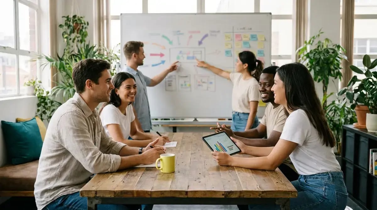 Un equipo técnico revisa de pie una pizarra con un diagrama de flechas y notas adhesivas de colores mientras el resto del grupo, sentado a la mesa de madera, sigue el plan con apuntes y una tablet con gráficos de datos