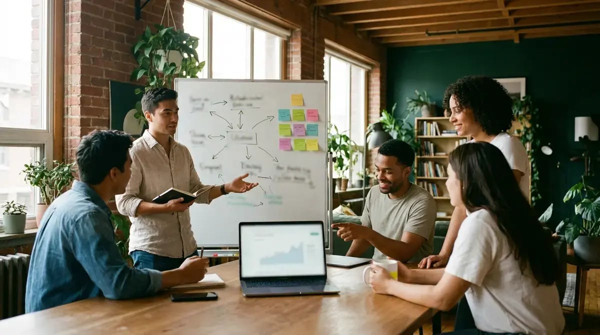 Hiring manager and candidate agree a start date over a wall calendar in a bright London office while a third colleague waits with an onboarding laptop