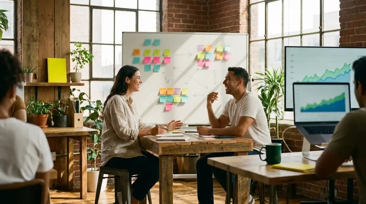 Sales professional reviews a commission plan on a tablet showing base and variable figures, office desk with notebook, warm daylight